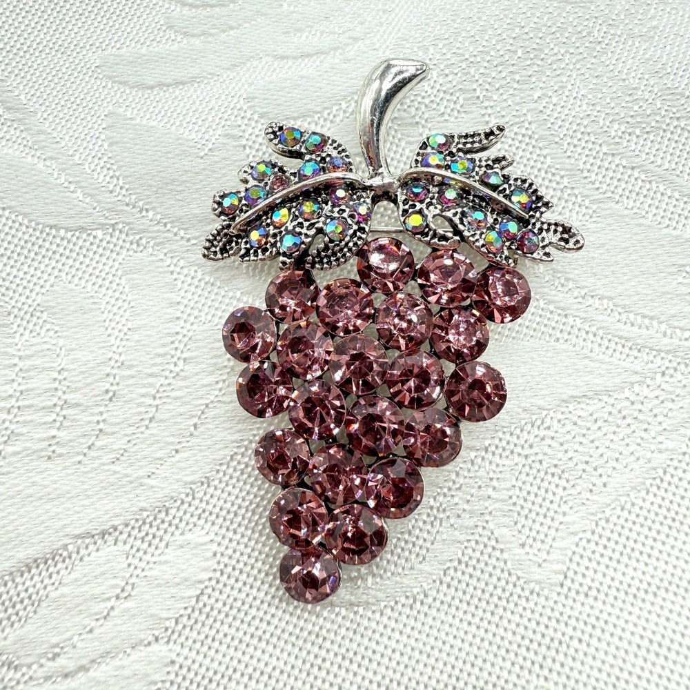 Vintage Silver Tone AB Aurora Borealis Purple Pink Rhinestone Grape Brooch Pin
